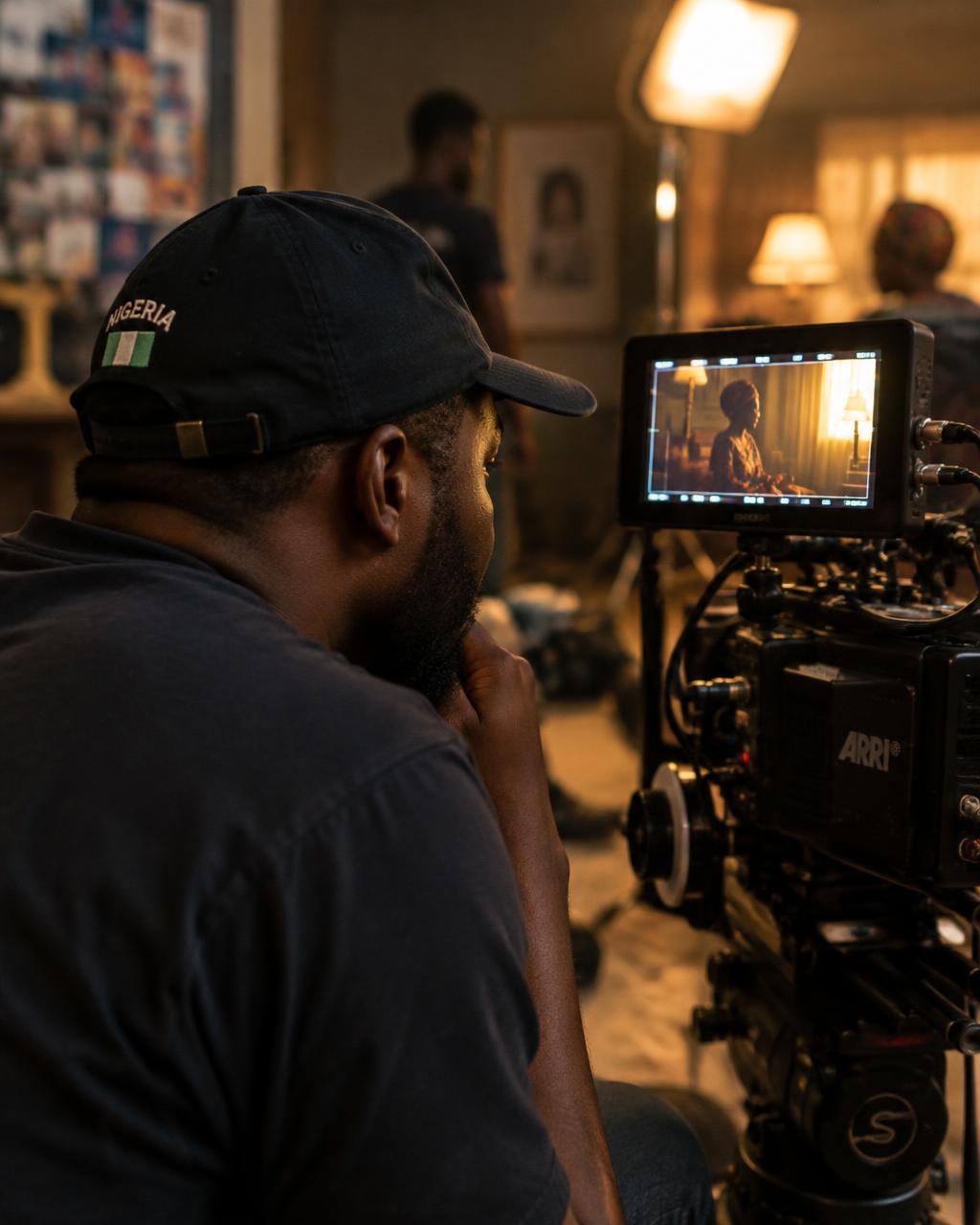 a filmmaker watching the monitor on set